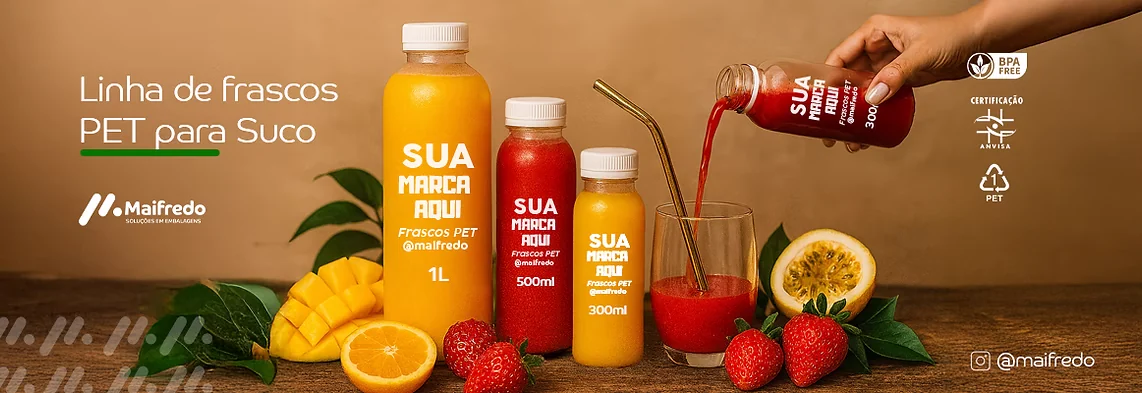 Linha de frascos PET para suco, nos volumes 300 ml, 500 ml e 1 litro