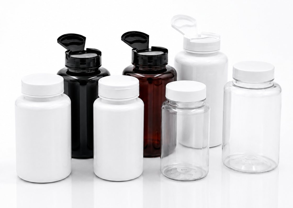 Potes PET para nutracêuticos em branco, preto, âmbar e cristal, com tampas flip top e rosqueáveis
