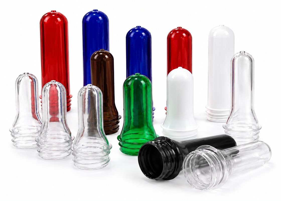 Pré-formas PET de várias gramaturas e cores, em pé e deitadas, mostrando o bocal já rosqueado