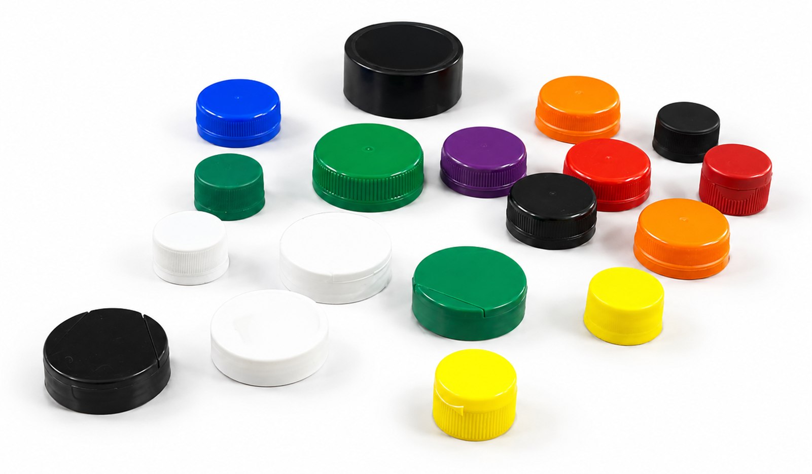 Tampas PET roll-on e flip top em preto, branco, verde, azul, vermelho, laranja, amarelo e roxo, em diversos diâmetros